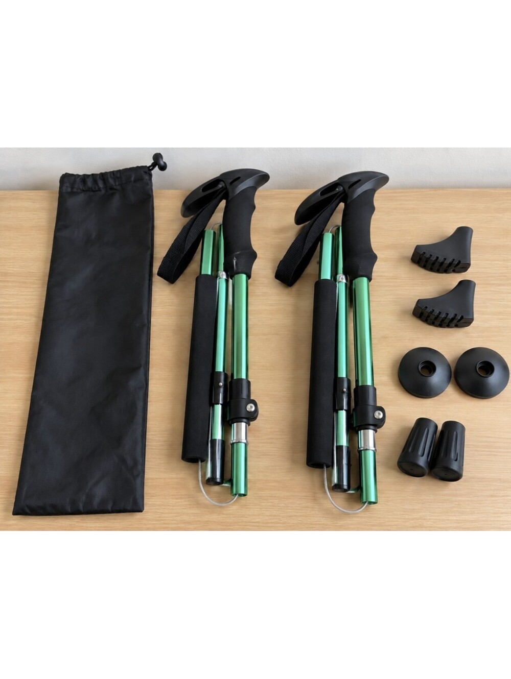 Green Folding Trekking Poles, Adjustable with Foam Grips